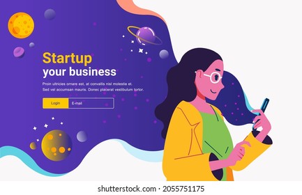 website banner template image, illustrated by young women holding a phone that emits a stream depicting outer space. used for website or landing page template image and other
