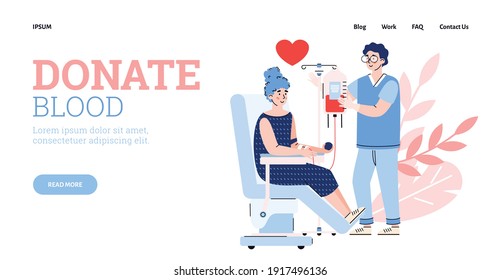 Website banner template including claim to donate blood and scene of volunteering blood transfusion for medical purpose, flat cartoon vector illustration.