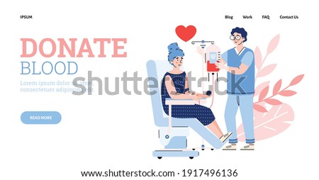 Website banner template including claim to donate blood and scene of volunteering blood transfusion for medical purpose, flat cartoon vector illustration.