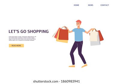 Plantilla de banner del sitio web invitando a comprar con el personaje de caricatura del hombre comprador, ilustración plana vectorial. Aterrizando la página web se burlan de la venta y de los eventos de compras.