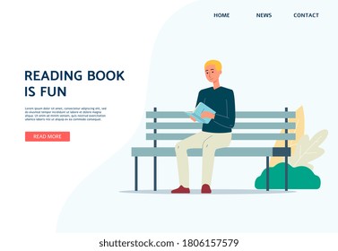 Website banner template or landing page concept with man reading a book in park, flat vector illustration. Fun and joy of reading and passion to literature.