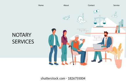 Website banner template for law firm and notary legal service. Notary advises clients and offers legal assistance to the elderly in inheritance and probate matters, flat vector illustration.