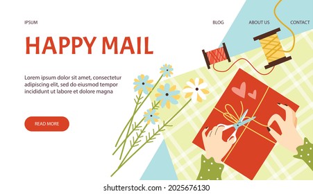 Website banner template for mail services with hands sending postcard or letter. Mailing and communication, correspondence sending, flat vector illustration.