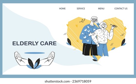 Website banner template for medical and health insurance and care of well-being of elderly, vector illustration. Elderly people medical care and social support, volunteering help and nursery home.