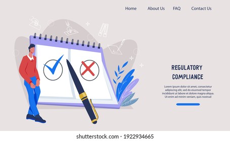 Website banner template  on regulatory compliance, company rules theme. Landing page layout for documents regulation, corporate business policy and law standards compliance, flat vector illustration.