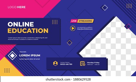 Website banner template for Online Education program, Education training class and other E-Learning. with Square frame and Purple, Pink, Orange color background