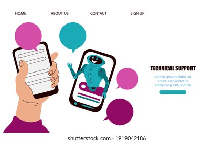 Webbanner-Vorlage für den Online-Chat des technischen Supports, Cartoon-Vektorgrafik. Die Landing-Seite mit dem Hotline-Anbieter von Chatbot berät Kunden über mobile Applikationen. 