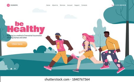 Website banner template for outdoor sports and workout with cartoon people running in park, flat vector illustration. Landing web page for sport marathon.