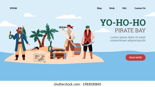 Website banner template for pirate party or quest game with cartoon pirates on treasure island, flat vector illustration. Sea pirates adventure banner.