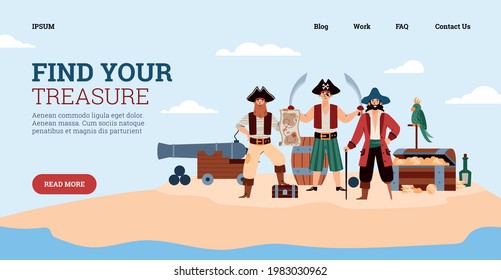 Website banner template with pirates searching for treasure, flat vector illustration. Landing page interface for pirates quest game or adventure entertainment.