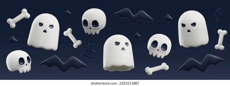 Website banner template with scary ghosts, skulls and bones, bats 3D style, vector illustration isolated on dark background. Decorative for Halloween design, mystic emotional characters