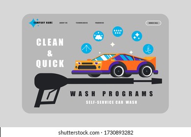 Website banner template for self-service car wash business. A clean and sparkling sports car is surrounded by icons that show a set of programs at a self-service car wash. Flat vector illustration.