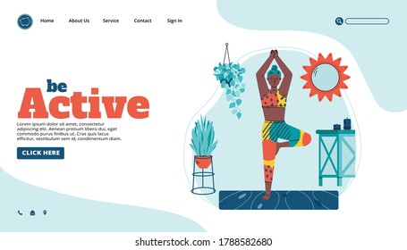 Website banner template for sport activity with athletic woman practising yoga at home cartoon vector illustration. Landing page design for fitness and exercising.