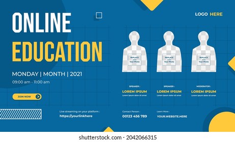 Website banner template With three speakers and blue yellow background suitable for Online Education, Online Class Programs, Courses and other E-Learning