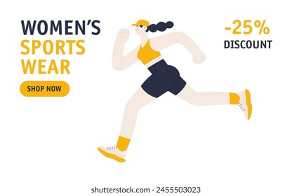 Website banner template. White skin tone woman in sport clothes jogging, running. Dynamic side view. Women's sport wear, 25% discount concept. Modern vector flat illustration. Healthy lifestyle. 