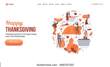 Website banner for Thanksgiving holidays with greeting inscription and tiny people preparing festive dinner, flat cartoon vector illustration. Autumn Thanksgiving fest.