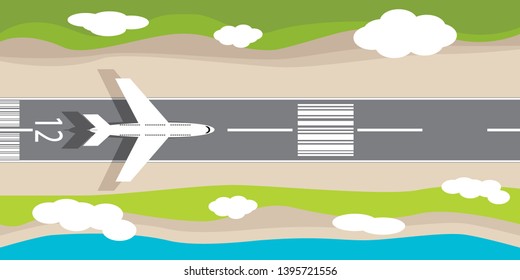 Website banner. Top down view from the sky of the airport runway with airplane is taking off