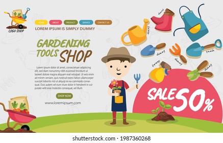  website banner vector illustration background gardening tools garden equipment design
 marketing online banner