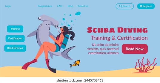 Website banner vector promoting scuba diving certification, with a friendly dolphin, ideal for diving schools.