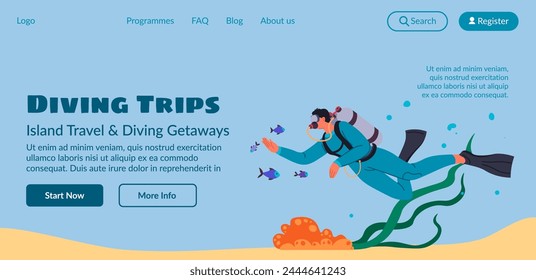 Website banner vector of a scuba diver with colorful fish, suitable for travel and tour websites.