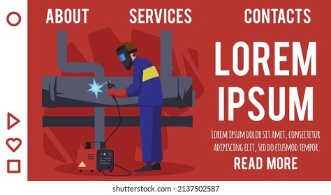 Website banner with welder working with metallic pipe of plumbing fittings, fuel or gas pipeline, flat vector illustration. Repair and welding service webpage layout.