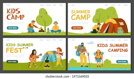 Website banners design for kids summer camping activity. Web banners bundle with cute children at summer forest campsite, flat cartoon vector illustration.