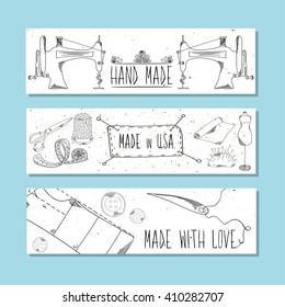The website banners in retro style Hand-drawn. Sewing device and equipment for manufacturing and clothing and textiles. Hand-made. Vector illustration