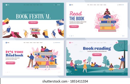 Website-Banner Set für Buchfestival und Literaturveranstaltungen mit Menschen Charaktere, flache Cartoon Vektorgrafik. Buchshop oder fair webpages Template Bundle.