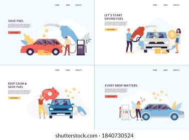 Website Banners Set Calling To Save Fuel With Car Owners Characters At Gas Station, Flat Vector Illustration. Web Page Template For Fuel Economy Campaign.