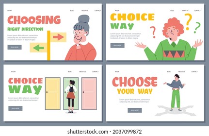 Website banners set with confused people trying to make right choice, flat cartoon vector illustration. Web banners on topic of business opportunities and career options.