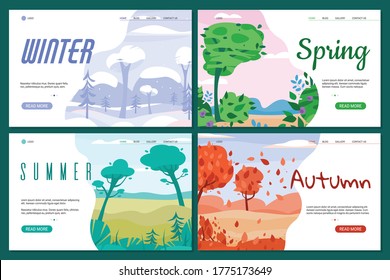 Website banners set with four seasons landscapes flat vector illustration. Backgrounds for seasonal events and sales of autumn and summer, winter and spring.