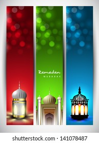 Website banners set with illuminated arabic lamps and golden mosque on shiny abstract background for Ramadan Kareem.