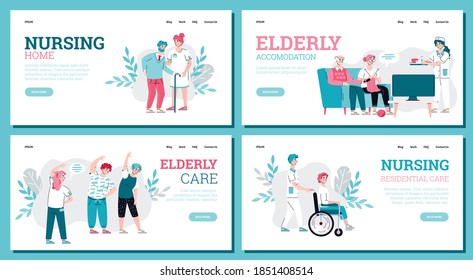 Website banners set for nursing home services advert, flat cartoon vector illustration. Web page mockup for elderly and disabled people nursing, care and accommodation.