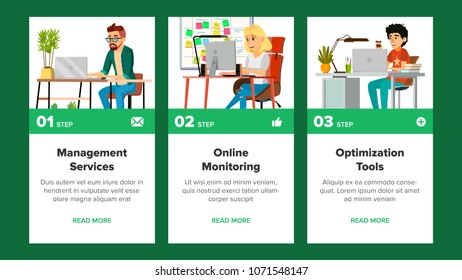 Website Banners Vector. Business Website. Processes And Office Situation. Cartoon Team. Onboarding Screen. Support Solution. Illustration
