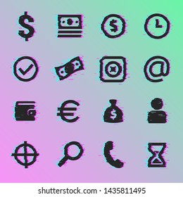 Website Benefits Icon Set in Glitch Art Style. Advantages icons such as finance, dollar, user avatar, wallet, search, protection, lock, location and many other on gradient background.