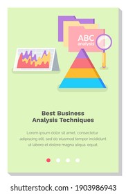 Website with best business analysis techniques. Diagrams and graphics of analytical processes. Site landing page template vector illustration. Colored pyramid and file folders on webpage layout
