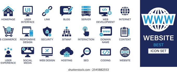 Melhor coleção de conjuntos de ícones sólidos do site. Página inicial, interface do usuário, link, blog, servidor, desenvolvimento para web, internet, e-commerce, design responsivo, interação e ilustração vetorial.