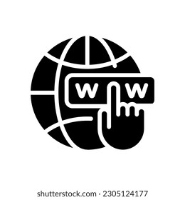 Website black glyph icon. Increase site traffic. Click on hyperlink of web page. Optimizing content for search engine. Silhouette symbol on white space. Solid pictogram. Vector isolated illustration