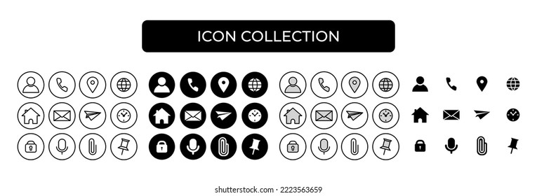 Website black vector icons set. Communication icon symbol, contact us, location, address, phone, mail, microphone, attach, pin. In flat, line modern style.