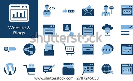 Website and Blog Icon Set with Developer, Analytics, Newsletter, Ecommerce, Cloud, SEO and Digital Marketing Symbols Collection