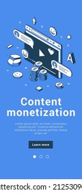 Website blogging content monetization online e commerce digital marketing service mobile app isometric vector illustration. Blog analyzing generating income, ad placement, sponsor partnership