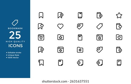 Website-Lesezeichen-Symbolsatz - Zeilenvektorsymbole von Star-, Save-, Add-, Remove-, Click-, Settings-, Edit- und List-Aktionen