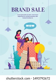 Website Brand Sale Online Store, Landing Web Page. Vector Banner, Poster Admiring Girl, Сustomer, Sitting Shopping Bag, Cosmetic, Perfume. Famous World Landmarks. Flat Illustration Cartoon Style