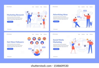 Website branding. Digital marketing, navigating technology and social media vector landing page template. Marketing strategy. Advisory homepage interface layout. Research, advertising, consulting