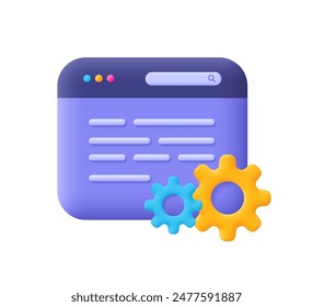 Navegador de Sitio web y rueda dentada de engranajes. Optimización de Web, desarrollo de Web, ajuste y mantenimiento. Icono de Vector 3d. Dibujos animados estilo minimalista.