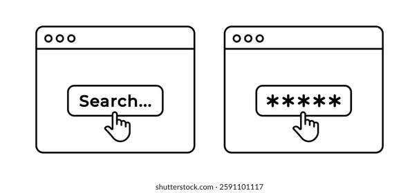 Website browser icon vector set. Search button with pointer clicking symbol
