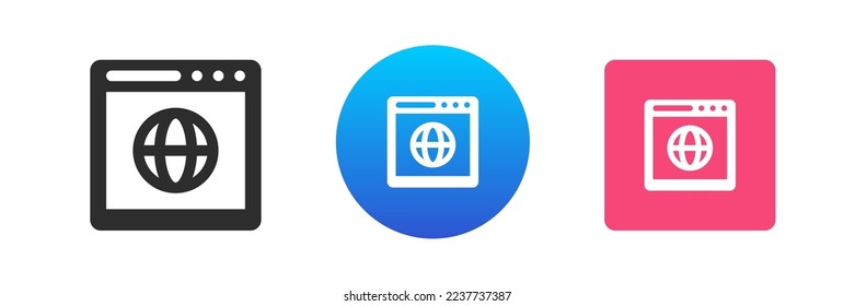 Website browser internet searching global information digital connection icon set vector flat illustration. Web site cyberspace virtual communication virtual navigation interface info browsing planet