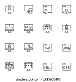 Website and Browser line icons set, outline vector symbol collection, linear style pictogram pack. Signs, logo illustration. Set includes icons as homepage, web page, java code, html programing, CSS