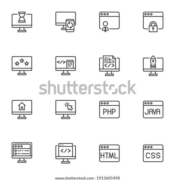 Website and Browser line icons set, outline vector\
symbol collection, linear style pictogram pack. Signs, logo\
illustration. Set includes icons as homepage, web page, java code,\
html programing, CSS