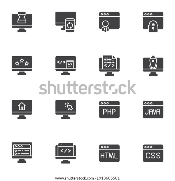 Website and Browser vector icons set, modern solid\
symbol collection, filled style pictogram pack. Signs, logo\
illustration. Set includes icons as homepage, web page, java code,\
html programing, CSS